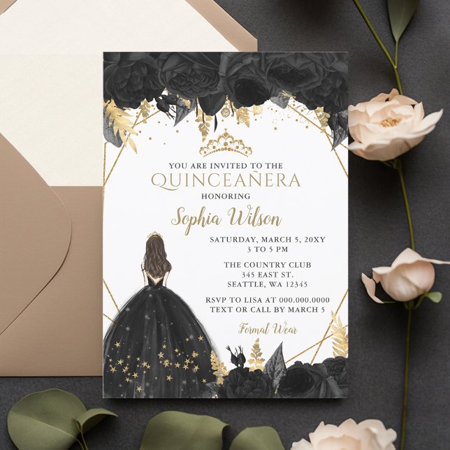 Elegant Black Gold Floral Princess Quinceañera Inv Invitation (Elegant Black Gold Floral Princess Quinceañera Invitation)