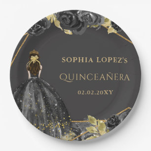 Elegant Black Gold Floral Princess Quinceanera  Paper Plate