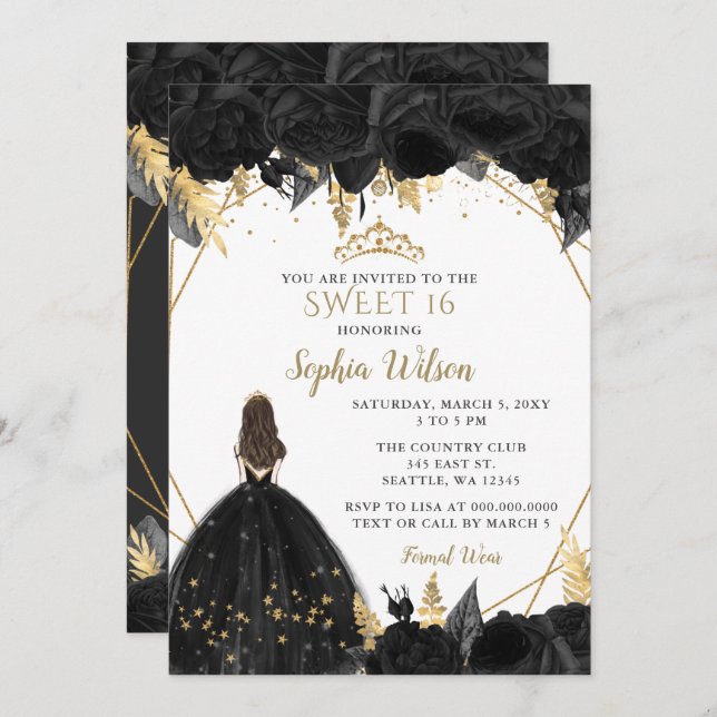 Elegant Black Gold Floral Princess SWEET 16  Invitation (Front/Back)