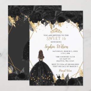 Elegant Black Gold Floral Princess SWEET 16  Invitation