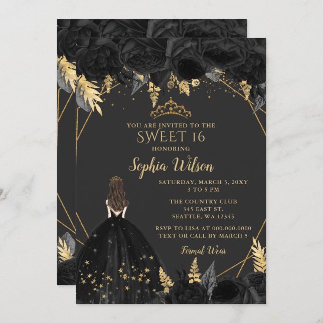 Elegant Black Gold Floral Princess SWEET 16  Invitation (Front/Back)
