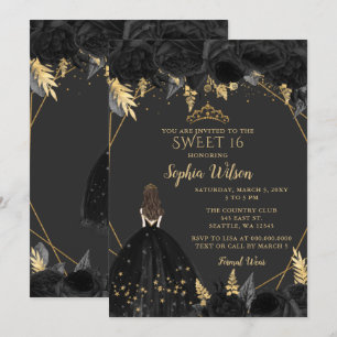 Elegant Black Gold Floral Princess SWEET 16  Invitation