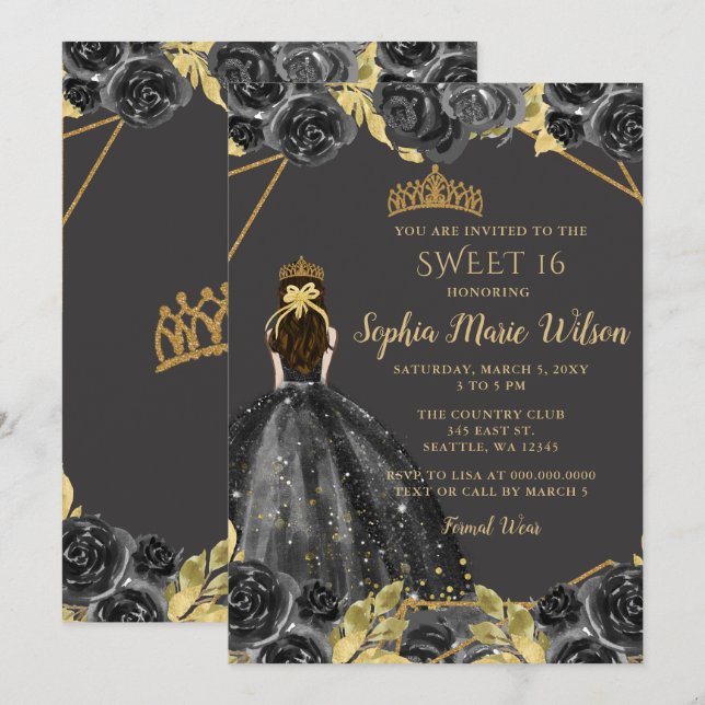 Elegant Black Gold Floral Princess SWEET 16  Invitation (Front/Back)