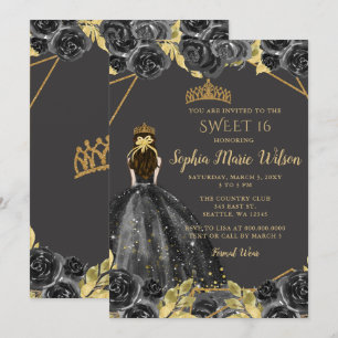 Elegant Black Gold Floral Princess SWEET 16  Invitation