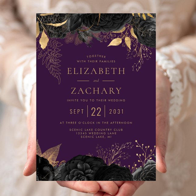 Elegant Black Gold Floral Purple Wedding Invitation (Creator Uploaded)