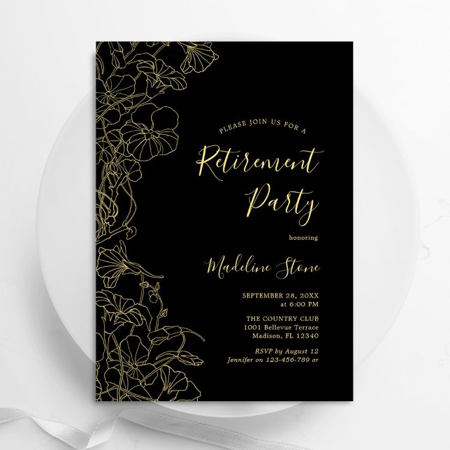 Elegant Black Gold Floral Retirement Party Invitation (Creator Uploaded)