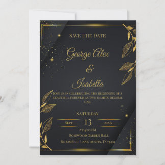 Elegant Black & Gold Floral Save the Date Card