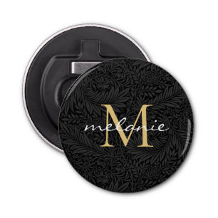 Elegant Black Gold Floral Script Monogram Bottle Opener