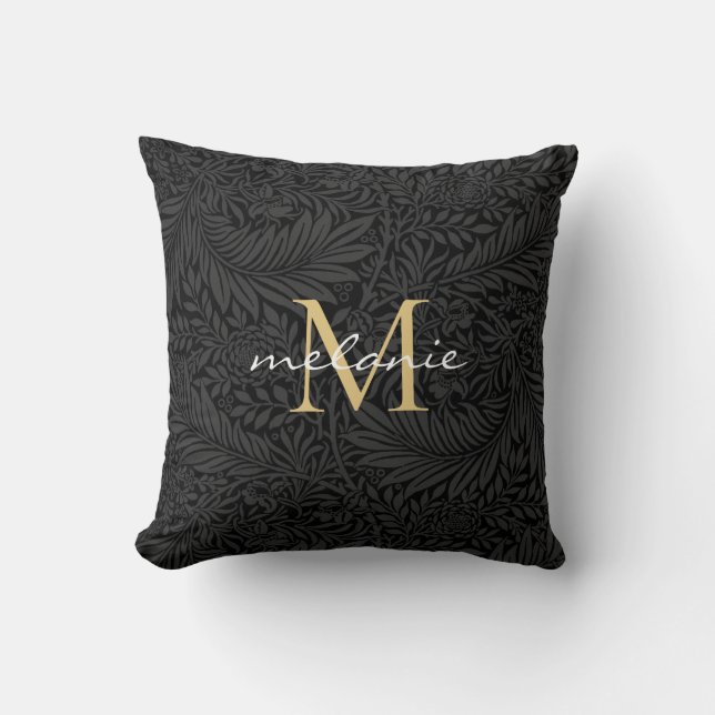 Elegant Black Gold Floral Script Monogram Cushion (Front)