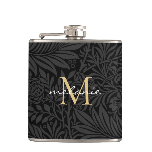 Elegant Black Gold Floral Script Monogram Hip Flask (Front)