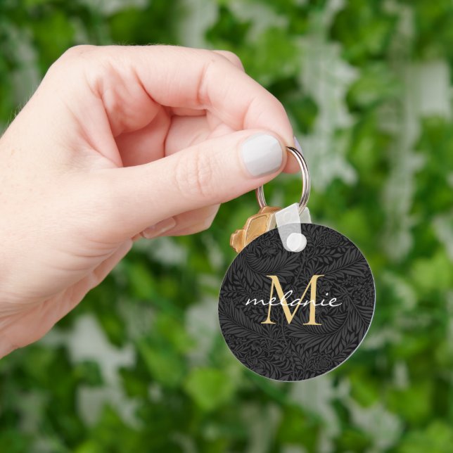 Elegant Black Gold Floral Script Monogram Key Ring (Hand)