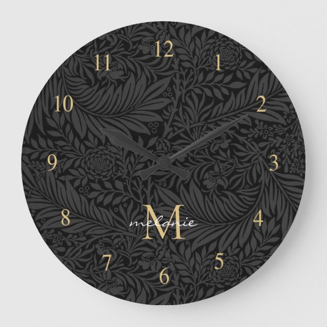 Elegant Black Gold Floral Script Monogram Large Clock (Front)