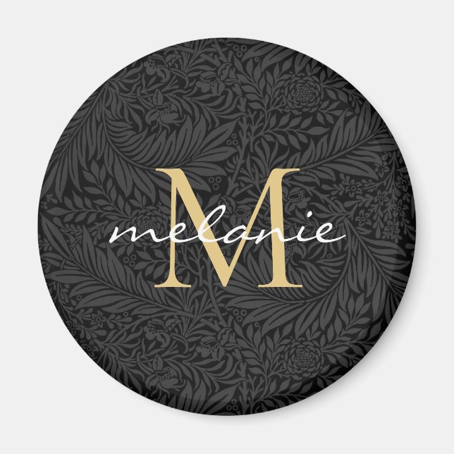 Elegant Black Gold Floral Script Monogram Magnet (Front)