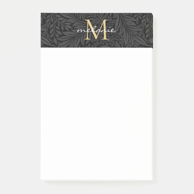 Elegant Black Gold Floral Script Monogram Post-it Notes (Front)