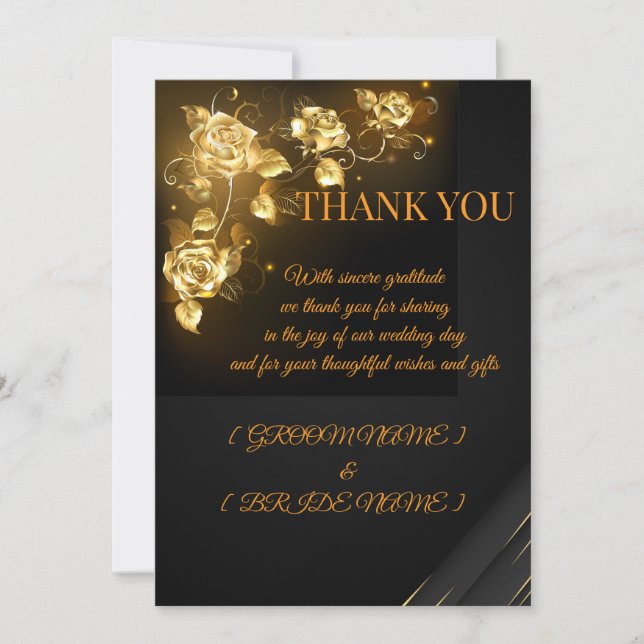 Elegant Black & Gold Floral Thank You Card (Front)