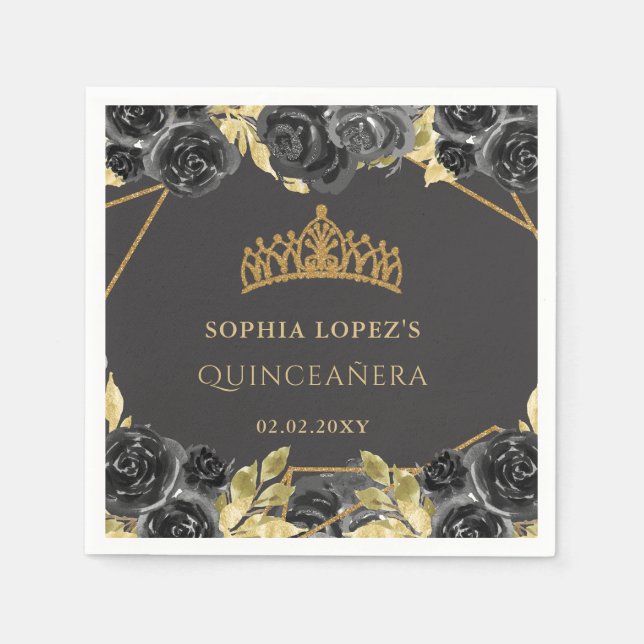 Elegant Black Gold Floral Tiara Quinceanera  Napkin (Front)