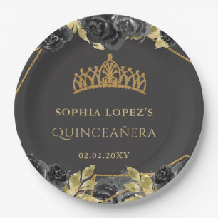 Elegant Black Gold Floral Tiara Quinceanera  Paper Plate