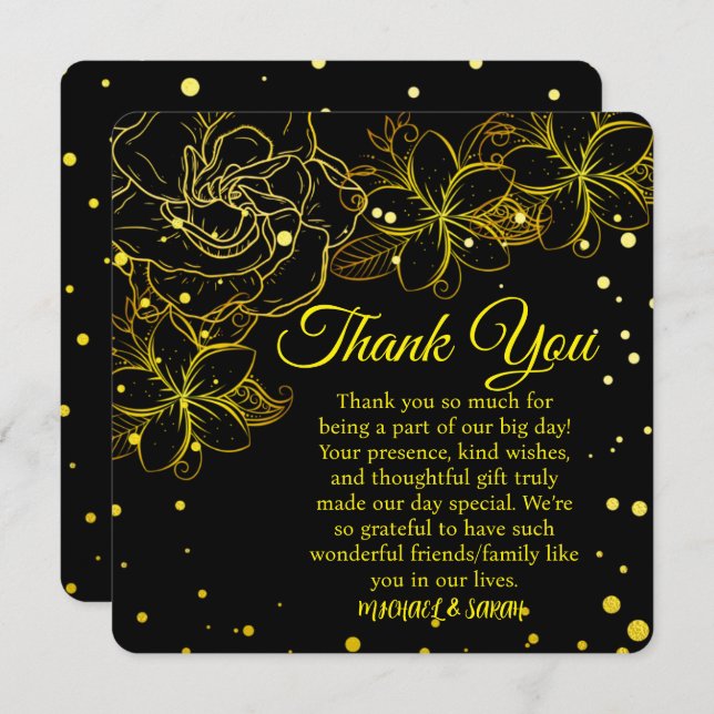 Elegant Black & Gold Floral Wedding Anniversary  Thank You Card (Front/Back)