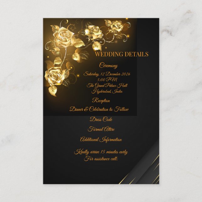Elegant Black & Gold Floral Wedding Details Card (Front)