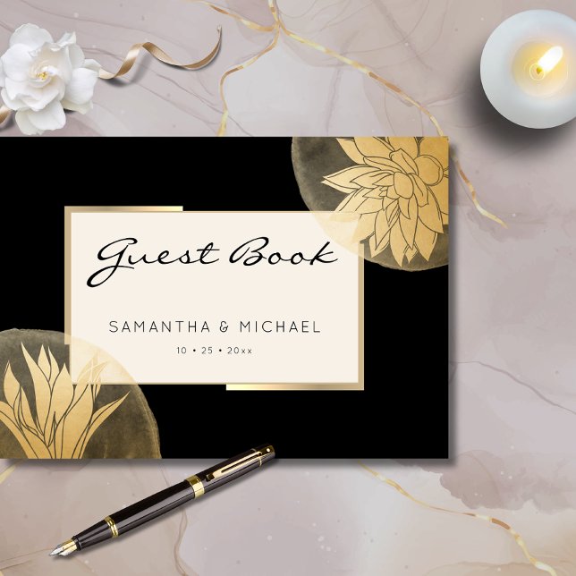 Elegant Black Gold Floral Wedding  Guest Book (Creator Uploaded)