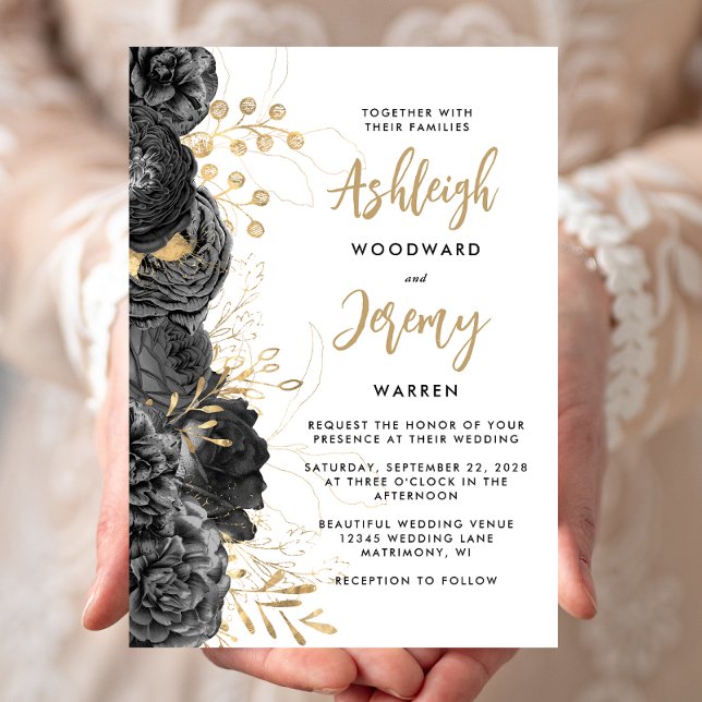 Elegant Black Gold Floral Wedding Invitation (Creator Uploaded)