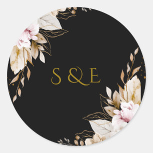 Elegant Black Gold Floral Wedding Monogram Sticker