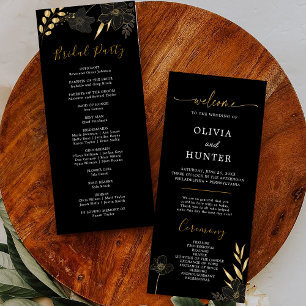 Elegant Black & Gold Floral Wedding Party Program
