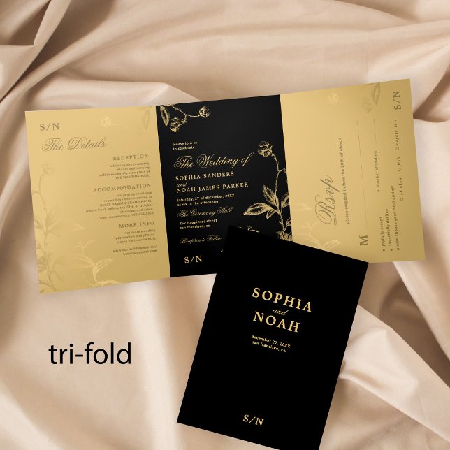 Elegant black gold floral wedding RSVP details Tri-Fold Invitation (Creator Uploaded)