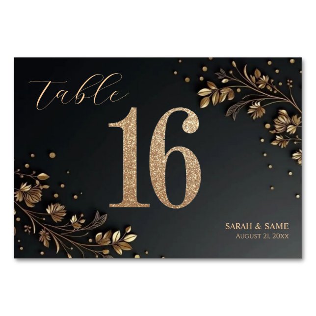 Elegant Black Gold Floral Wedding Table Card (Front)