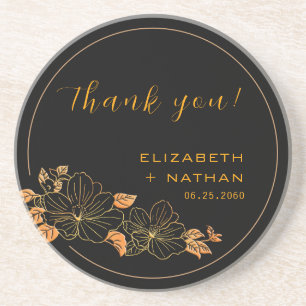 Elegant Black Gold Floral Wedding Thank You Gift Coaster