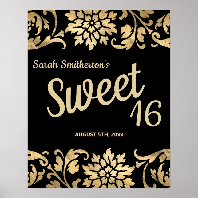 Elegant Black Gold Flowers Sweet 16 Birthday Poster (Front)