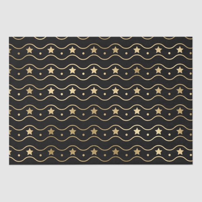 Elegant Black & Gold Foil Christmas Stars & Waves Tissue Paper (Front)