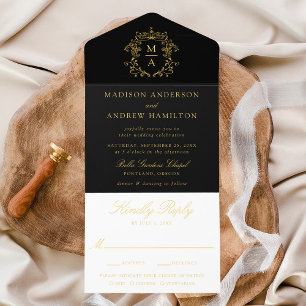 Elegant Black Gold Foil Crest Chinoiserie Wedding All In One Invitation