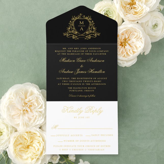 Elegant Black Gold Foil Crest Monogram Wedding  All In One Invitation (Creator Uploaded)