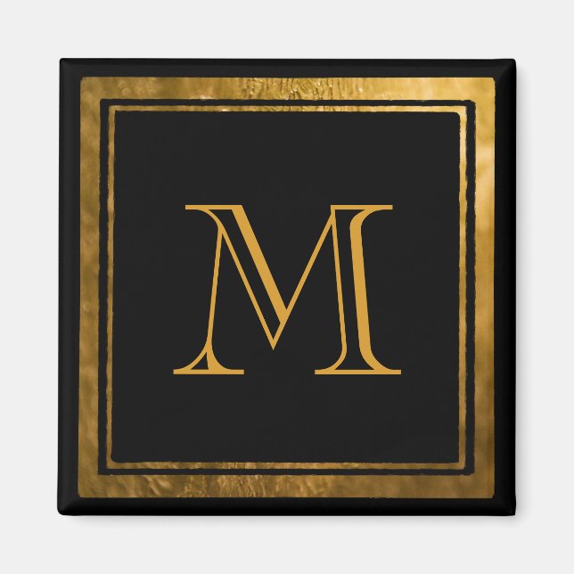 Elegant Black Gold Foil Framed Monogram Magnet (Front)