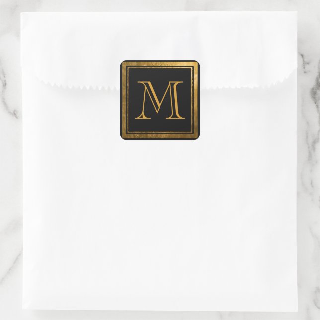 Elegant Black Gold Foil Framed Monogram Square Sticker (Bag)