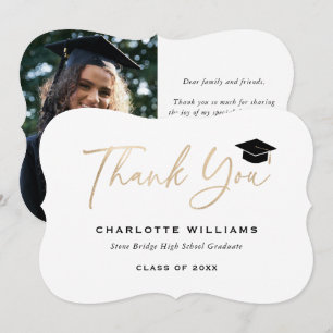 Elegant Black Gold Foil Graduation Cap Photo Thank You Card