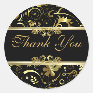 Elegant Black & Gold Foil Look Floral Damasks Classic Round Sticker