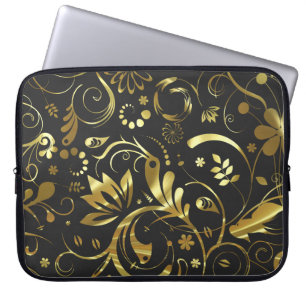 Elegant Black & Gold Foil Look Floral Damasks Laptop Sleeve
