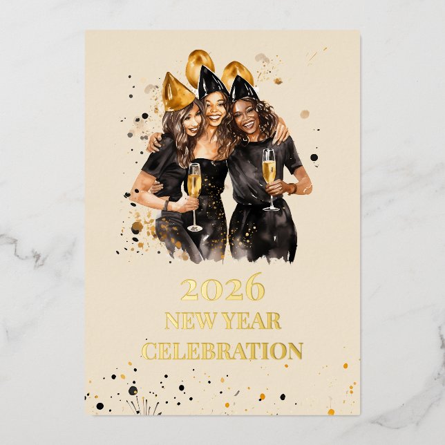 Elegant Black & Gold Foil New Year Invitation (Front)
