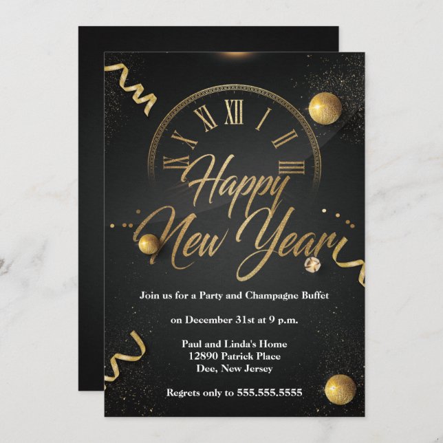 Elegant Black & Gold Foil New Years Eve Party Invitation (Front/Back)