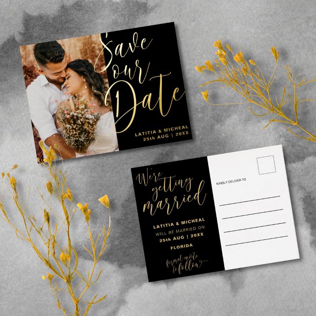 Elegant Black & Gold Foil Save Our Datei Foil Holiday Postcard (Creator Uploaded)