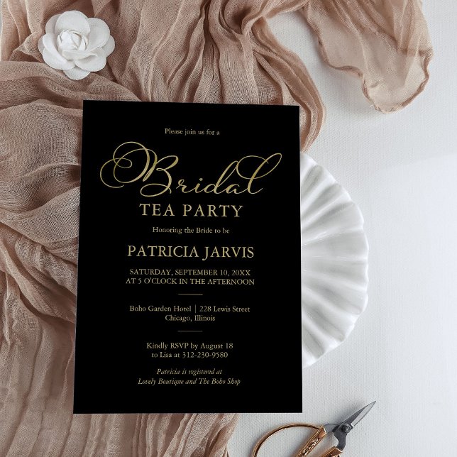 Elegant Black Gold Foil Script Bridal Tea Party Invitation (Creator Uploaded)