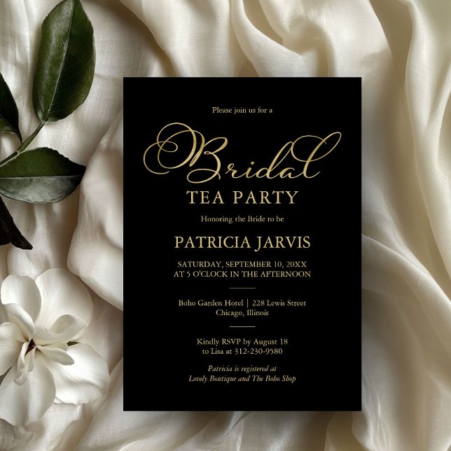 Elegant Black Gold Foil Script Bridal Tea Party Invitation (Creator Uploaded)