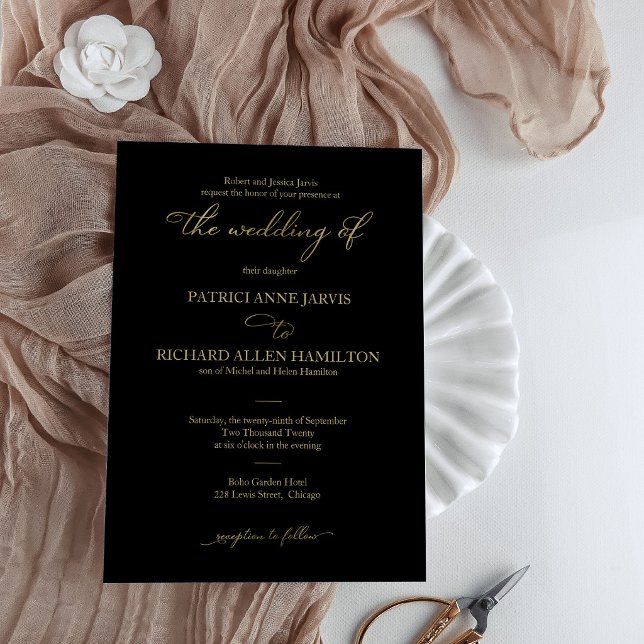 Elegant Black Gold Foil Script Classic Wedding Invitation (Creator Uploaded)