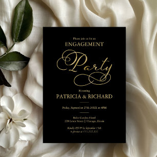Elegant Black Gold Foil Script Engagement Party Invitation