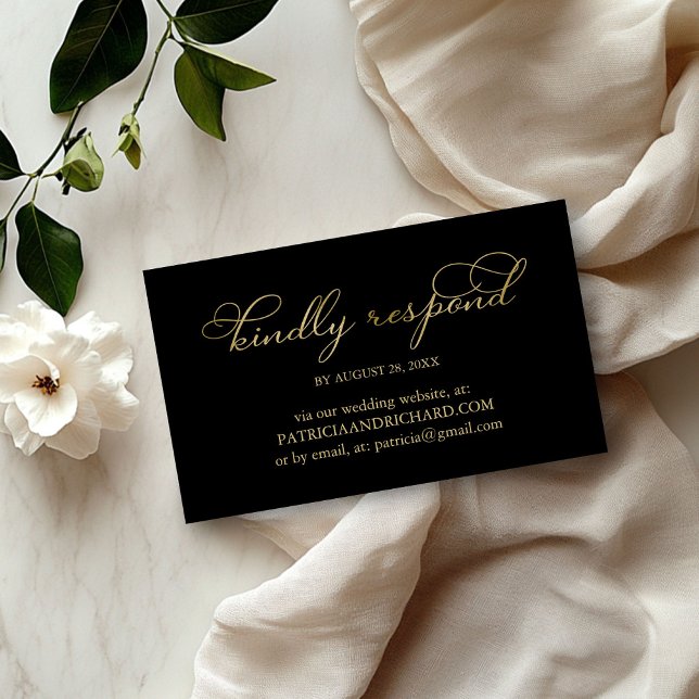 Elegant Black Gold Foil Script Wedding Online RSVP Business Card (Creator Uploaded)