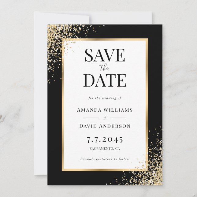 Elegant Black Gold Frame Confetti Wedding Save The Date (Front)