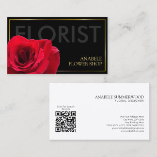 Elegant Black Gold Frame Florist with Red Rose Business Card