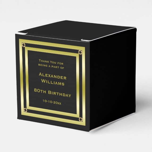 Elegant Black & Gold Framed 80th Birthday Favour Box (Front Side)